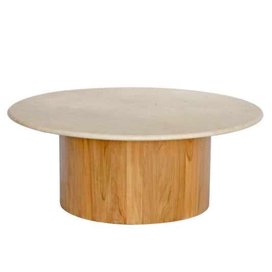 The Dylan Marble Top Coffee table is a contemporary styled round coffee table. Crafted from solid marble with a round teak base. Colour natural. Measures 1000 diameter X 400 height. Front Angle.