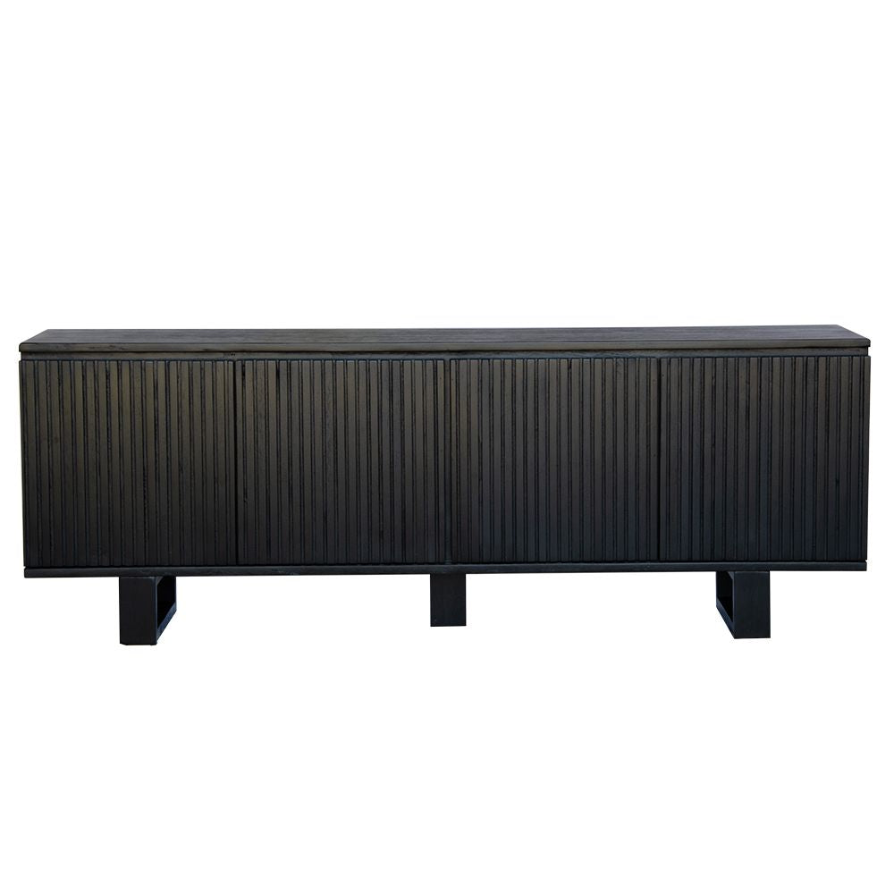 The Eastwood Black Entertainment Unit. 4 textured doors with smart storage behind the left door featuring 3 drawer. Colour Black. Measures 1800 wide X 400 depth x 650 height. Front Plain.