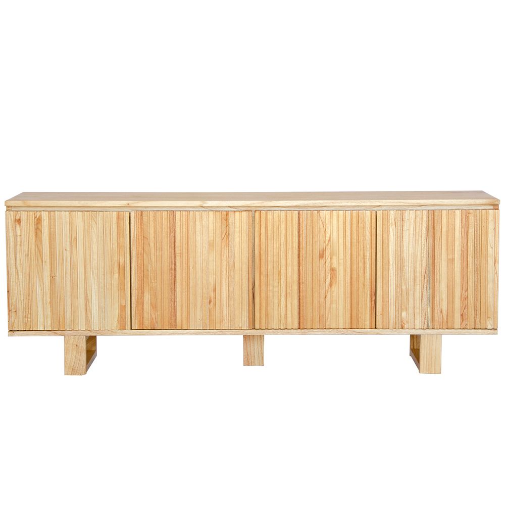 The Eastwood Natural Entertainment Unit. 4 textured doors with smart storage behind the left door featuring 3 drawer. Colour Natural. Measures 1800 wide X 400 depth x 650 height. Front Plain.