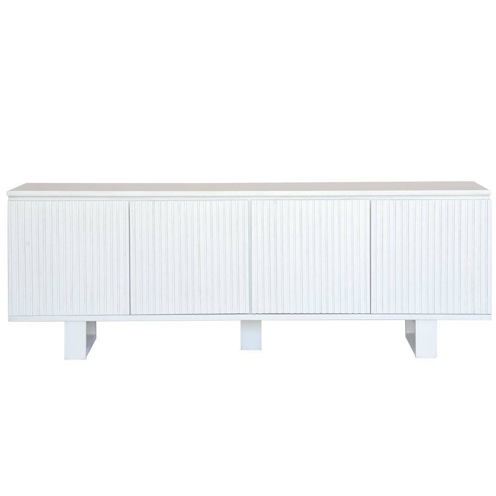 The Eastwood White Entertainment Unit. 4 textured doors with smart storage behind the left door featuring 3 drawer. Colour White. Measures 1800 wide X 400 depth x 650 height. Front Plain.