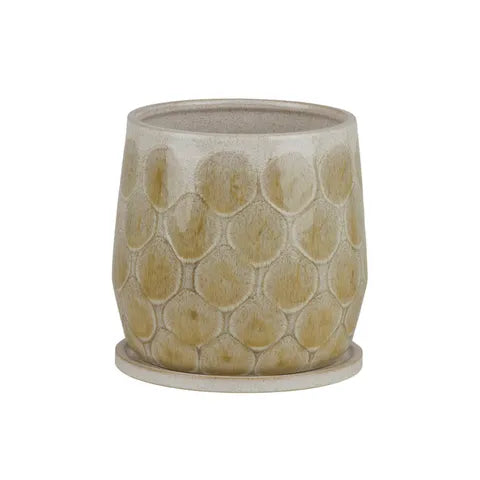 Eda Ceramic Pot - Medium with Saucer, features a textured scale design.  Includes a hole in the bottom and a saucer to collect any excess water. Colours, Natural and Beige. Size 22.5 height X 22 Diameter. Front Plain.