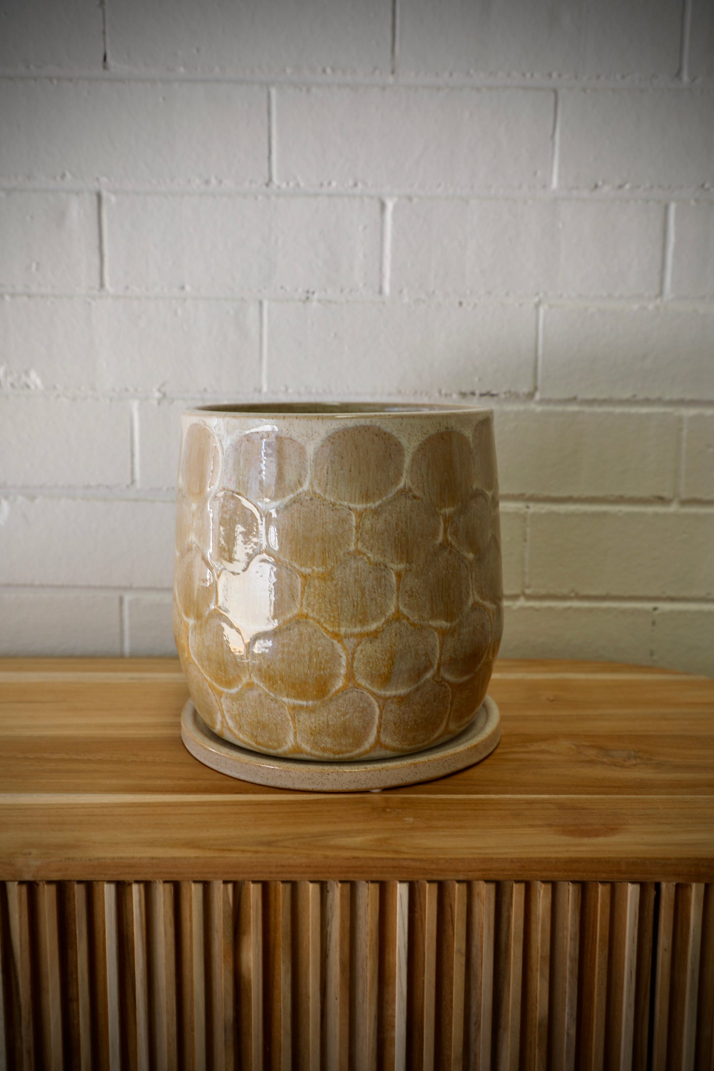 Eda Ceramic Pot - Medium with Saucer, features a textured scale design.  Includes a hole in the bottom and a saucer to collect any excess water. Colours, Natural and Beige. Size 22.5 height X 22 Diameter. Side Plain.
