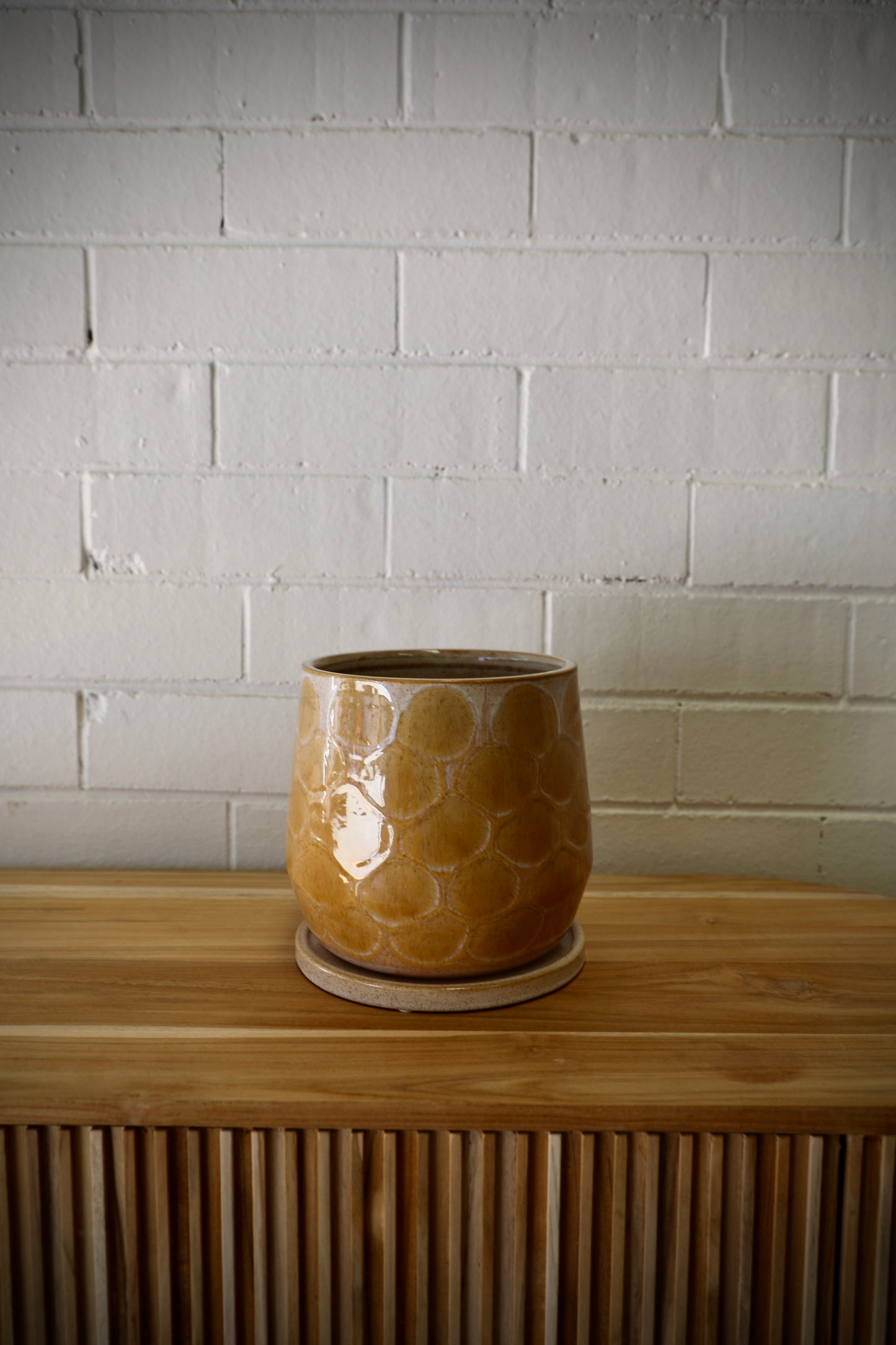 Eda Ceramic Pot - Small with Saucer, features a textured scale design.  Includes a hole in the bottom and a saucer to collect any excess water. Colours, Natural and Beige. Size 19 height X 18 Diameter. Side Plain.