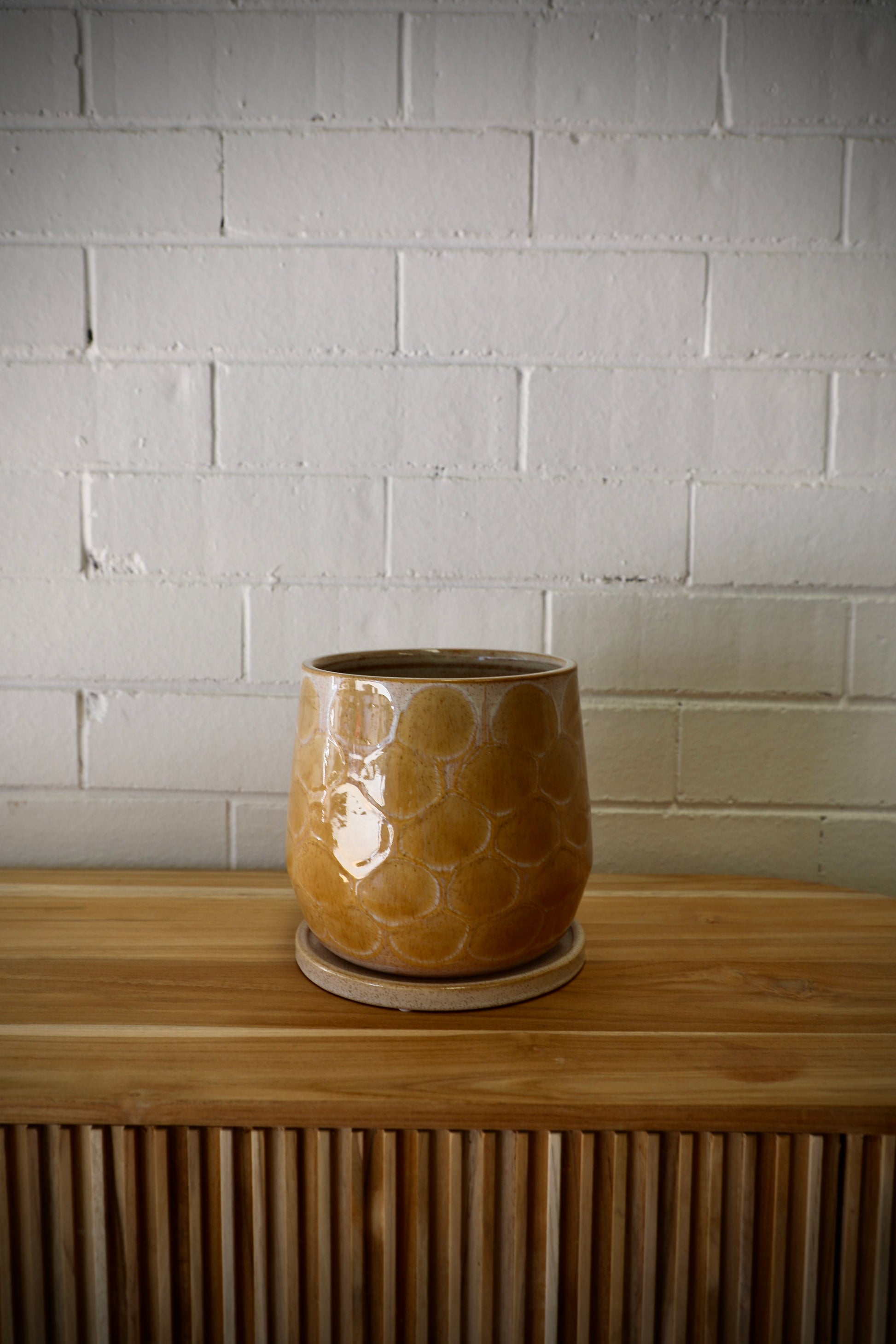 Eda Ceramic Pot - Small with Saucer, features a textured scale design.  Includes a hole in the bottom and a saucer to collect any excess water. Colours, Natural and Beige. Size 19 height X 18 Diameter. Side Plain.