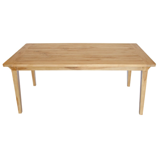 Elton indoor/outdoor dining table made from solid teak with a slatted top in a warm natural finish. Measures 1800 length x 900 width x 770 height. Top Angle Plain.