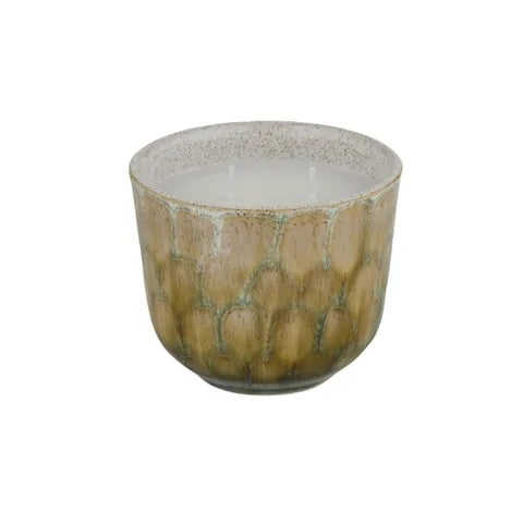 The Finch Ceramic Candle features a patched scaled design.  Featuring a lemon grass scent, it's sure to bring a soothing sense to any room. Colours, cream, browns and beiges. Measures 11 Diameter X 9 Height. Front Plain.
