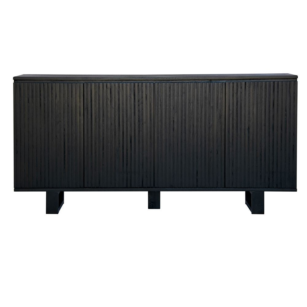 The Florence Black Buffet. 4 textured doors with smart storage behind the left door featuring 4 drawers. Colour Black. Measures 1800 wide X 400 depth x 900 height. Front Plain.