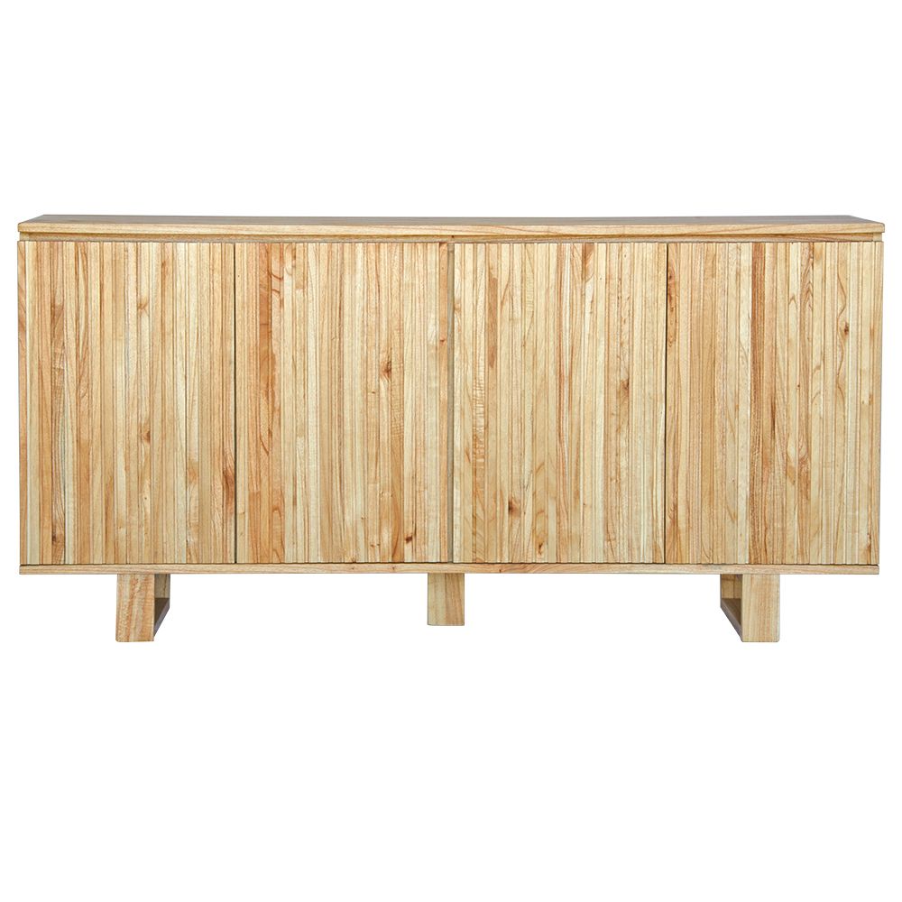 The Florence Natural Buffet. 4 textured doors with smart storage behind the left door featuring 4 drawers. Colour Natural. Measures 1800 wide X 400 depth x 900 height. Front Plain.