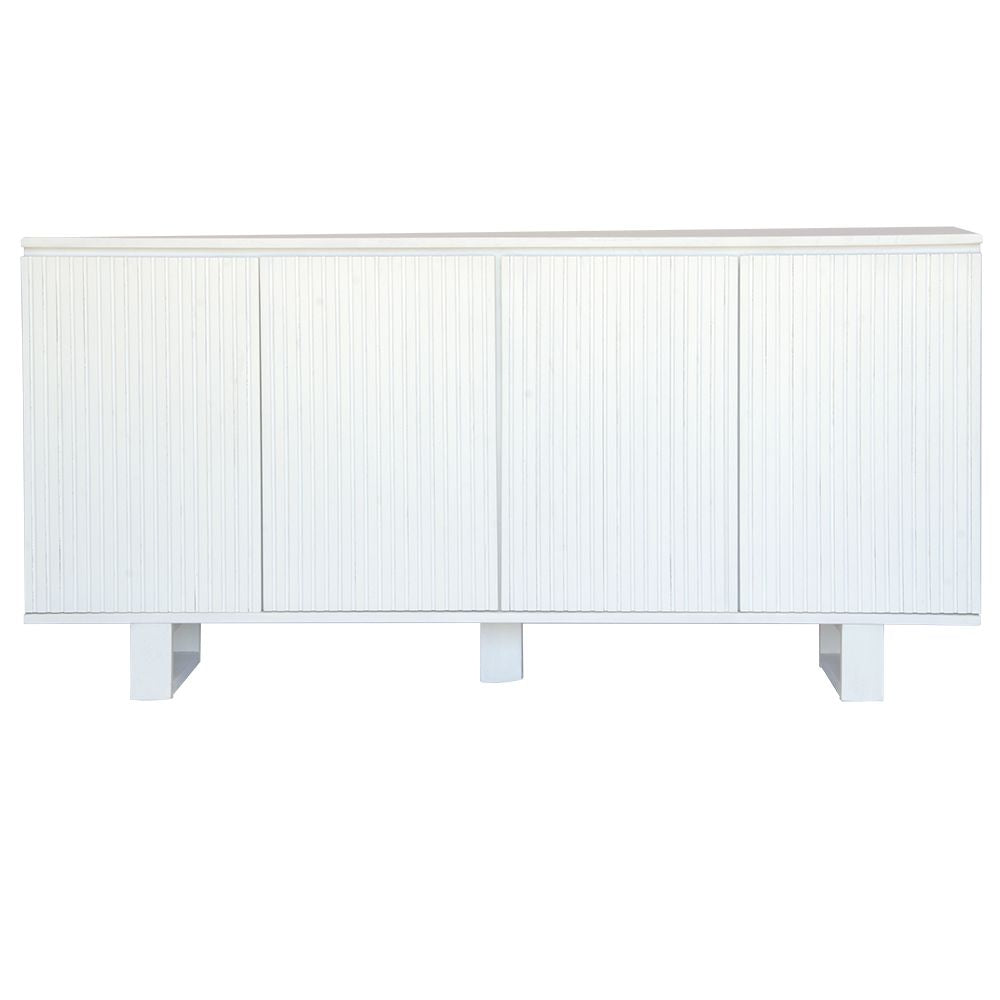 The Florence White Buffet. 4 textured doors with smart storage behind the left door featuring 4 drawers. Colour White. Measures 1800 wide X 400 depth x 900 height. Front Plain.