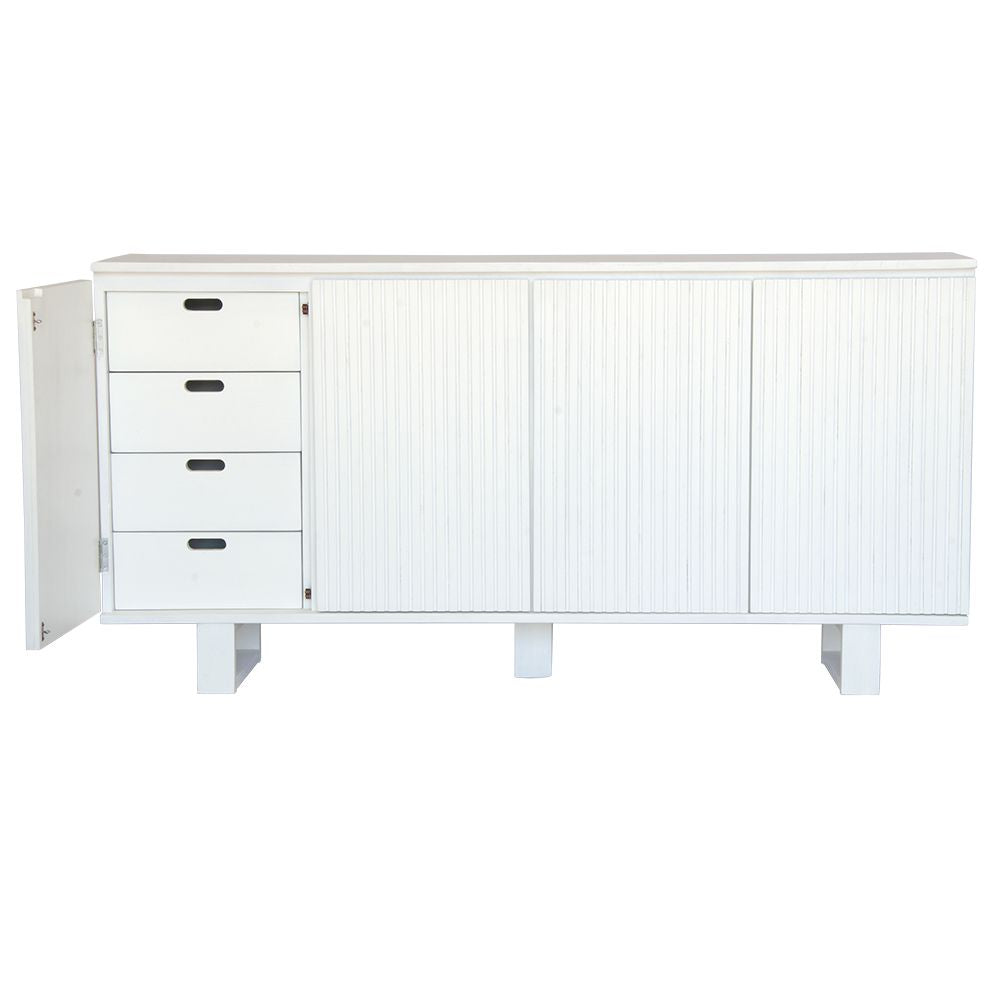 The Florence White Buffet. 4 textured doors with smart storage behind the left door featuring 4 drawers. Colour White. Measures 1800 wide X 400 depth x 900 height. Open.