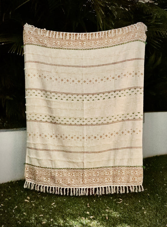 The Folk Tale throw blanket is hand crafted by artisans in India.  Its cotton slub fabric adds a slight texture and soft cozy feel.  Featuring geometric patterns and tasseled ends. Colours, beige, light browns and yellows. Measures 130 X 170. Styled.