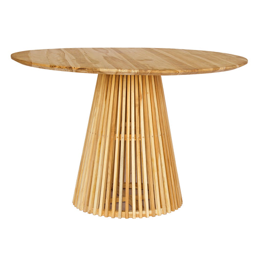 The Freddie Dining Table, featuring a sleek contemporary design, round top, and tapered slated column base. Constructed from sustainable teak. Colour natural. Measures 1200 diameter X 780 height. Front Plain.