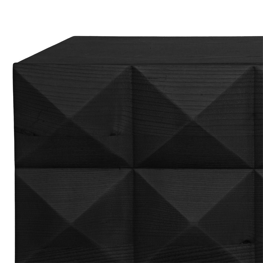 The Gable 2 Door 2 Drawer Entertainment Unit. A modern designed unit featuring a pyramid textured front and Sleek turned legs. Colour Black. Measures 1800L x 420D x 670H. Front Close.
