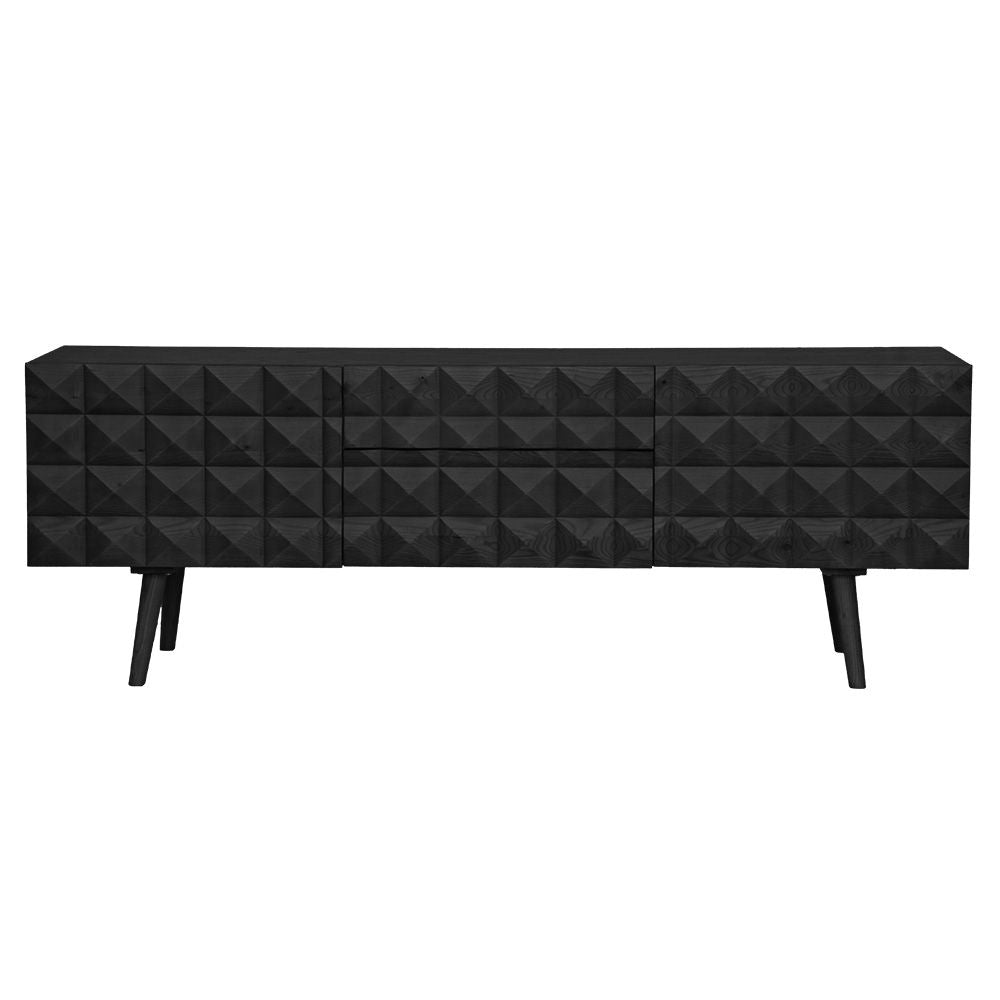 The Gable 2 Door 2 Drawer Entertainment Unit. A modern designed unit featuring a pyramid textured front and Sleek turned legs. Colour Black. Measures 1800L x 420D x 670H. Front Plain.
