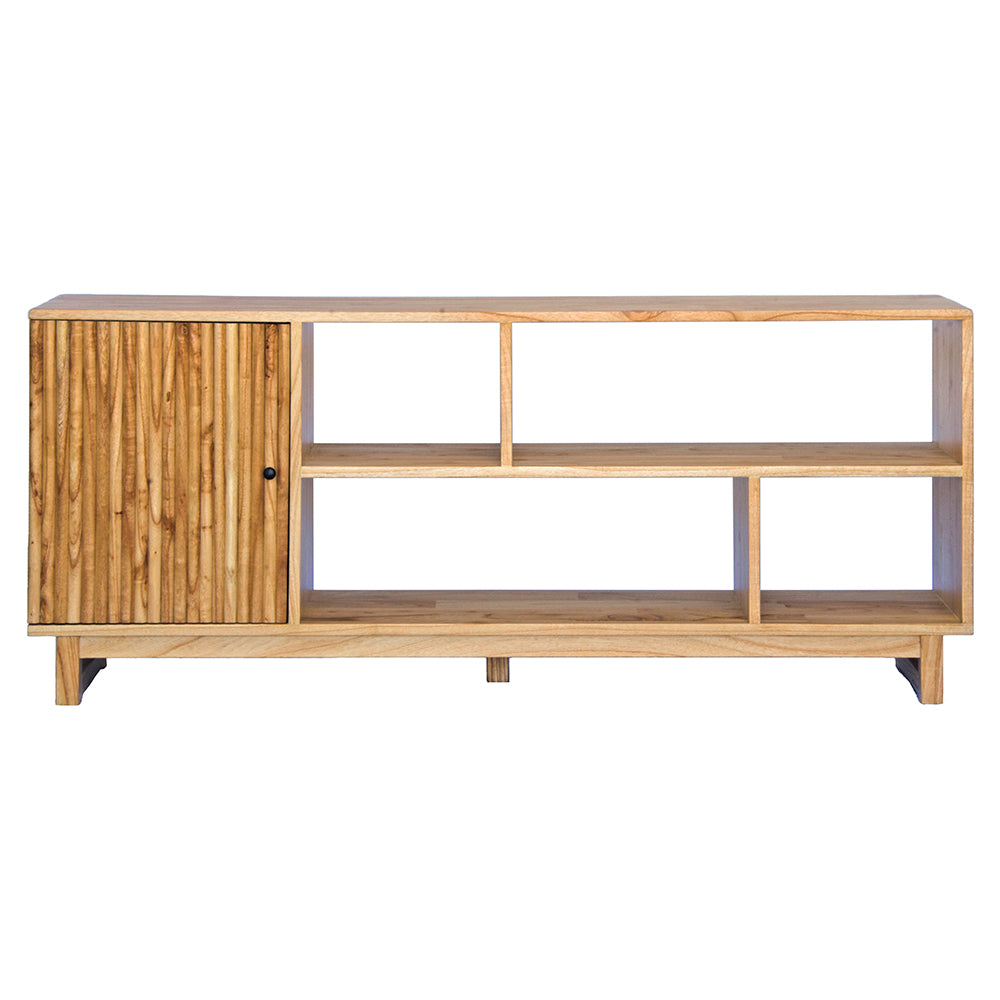 The Gemini 1 Door bookshelf is a contemporary stylish piece. It is crafted from white cedar and features multiple shelves and a single textured door. Colour natural. Measures 1650 length X 350 depth X 700 height. Front Plain.