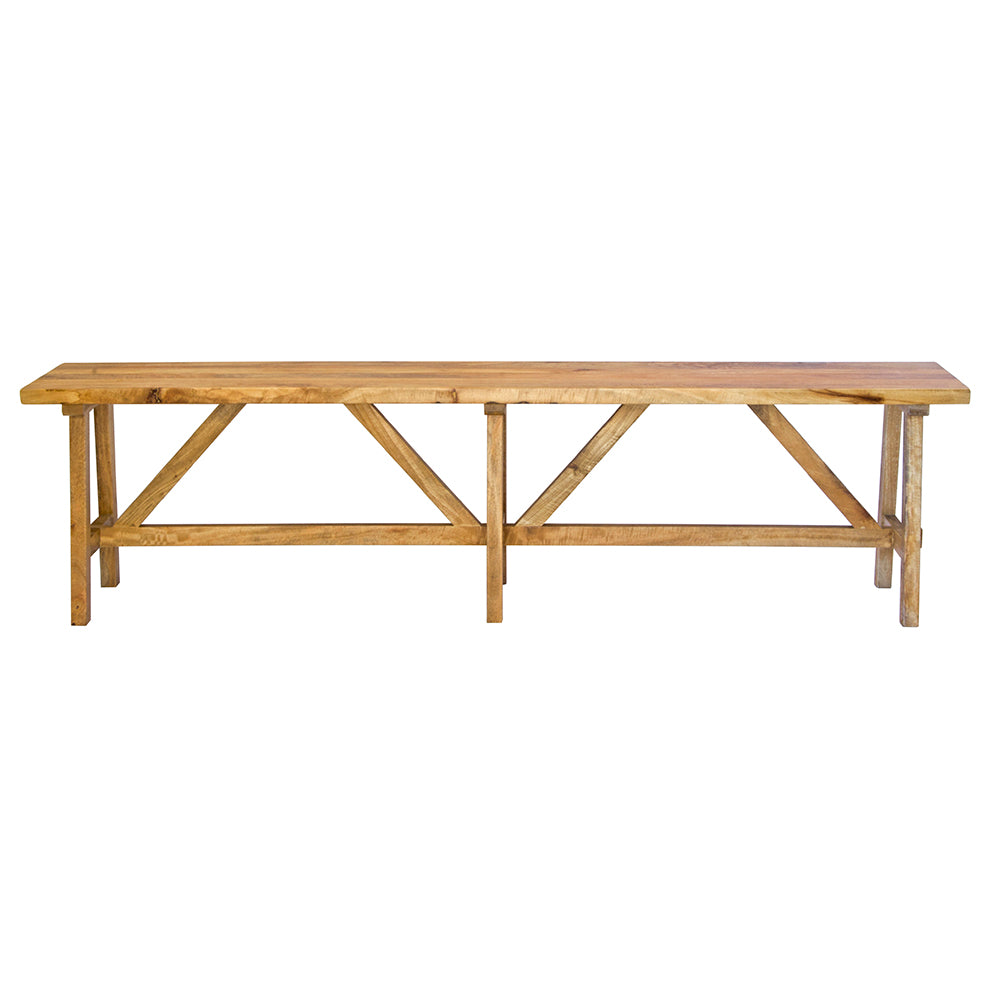 The Ginger 2200 Bench boasts a classic contemporary look.  Crafted from sustainable fruitwood. Colour natural. Measures 2200 length x 350 depth X 470 height. Front Plain.