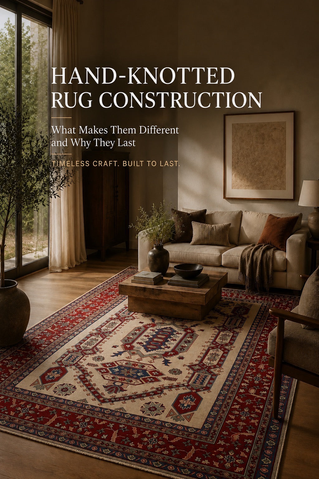 A traditional hand-knotted wool kazak rug styled in a moder Perth home living room.