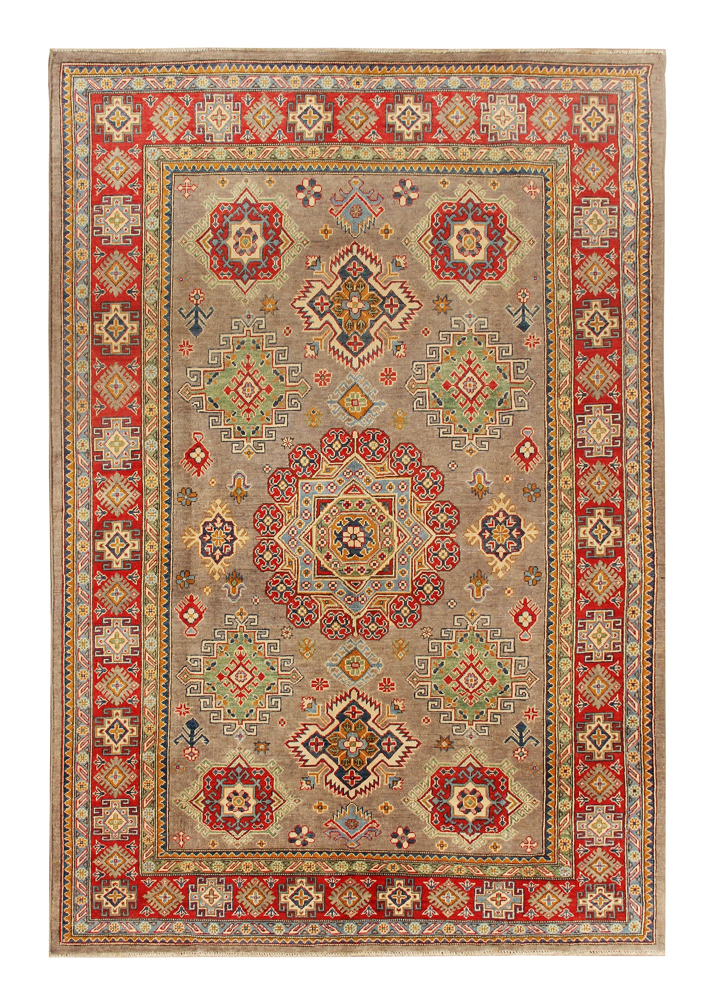 The Hand Knotted Kazak - 203 X 303. This wool rug combines superior durability with a traditional flair. 100% hand knotted wool. Measures 203 wide x 303 length. Top View.
