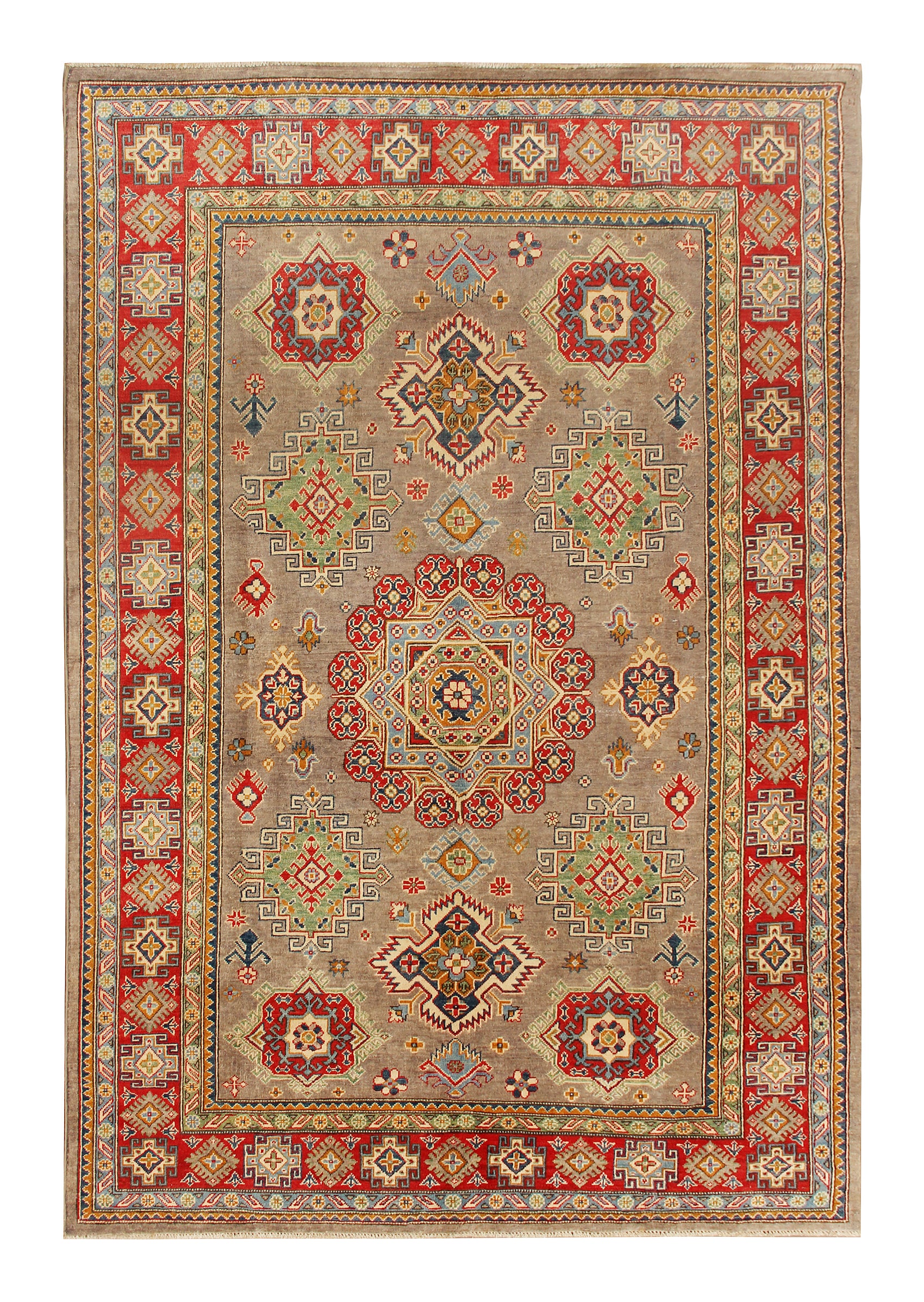 The Hand Knotted Kazak - 203 X 303. This wool rug combines superior durability with a traditional flair. 100% hand knotted wool. Measures 203 wide x 303 length. Top View.