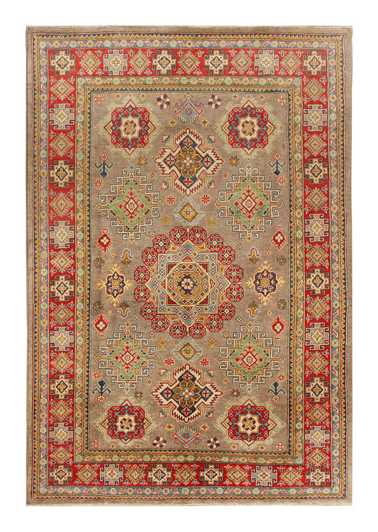 The Hand Knotted Kazak - 203 X 303. This wool rug combines superior durability with a traditional flair. 100% hand knotted wool. Measures 203 wide x 303 length. Top View.