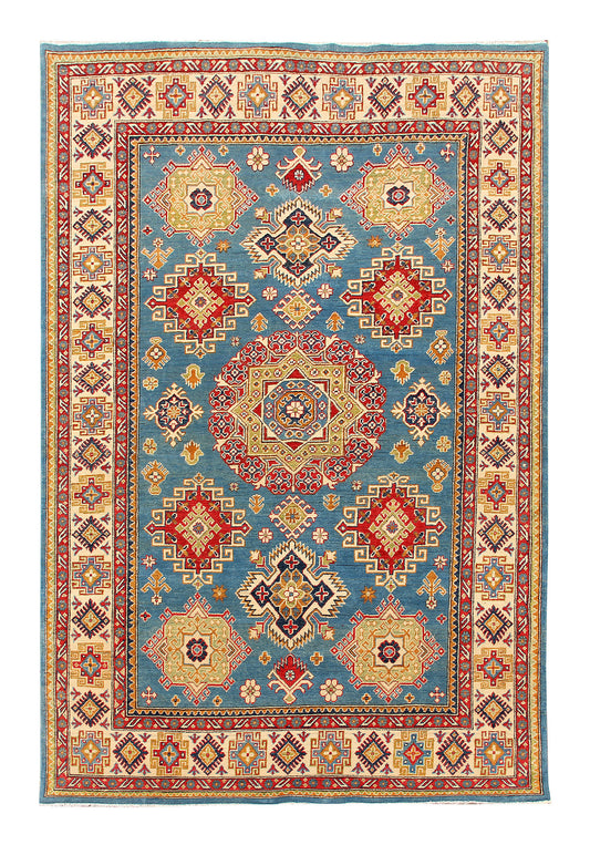 The Hand Knotted Kazak - 203 X 298. This wool rug combines superior durability with a traditional flair. 100% hand knotted wool. Measures 203 wide x 298 length. Top View.