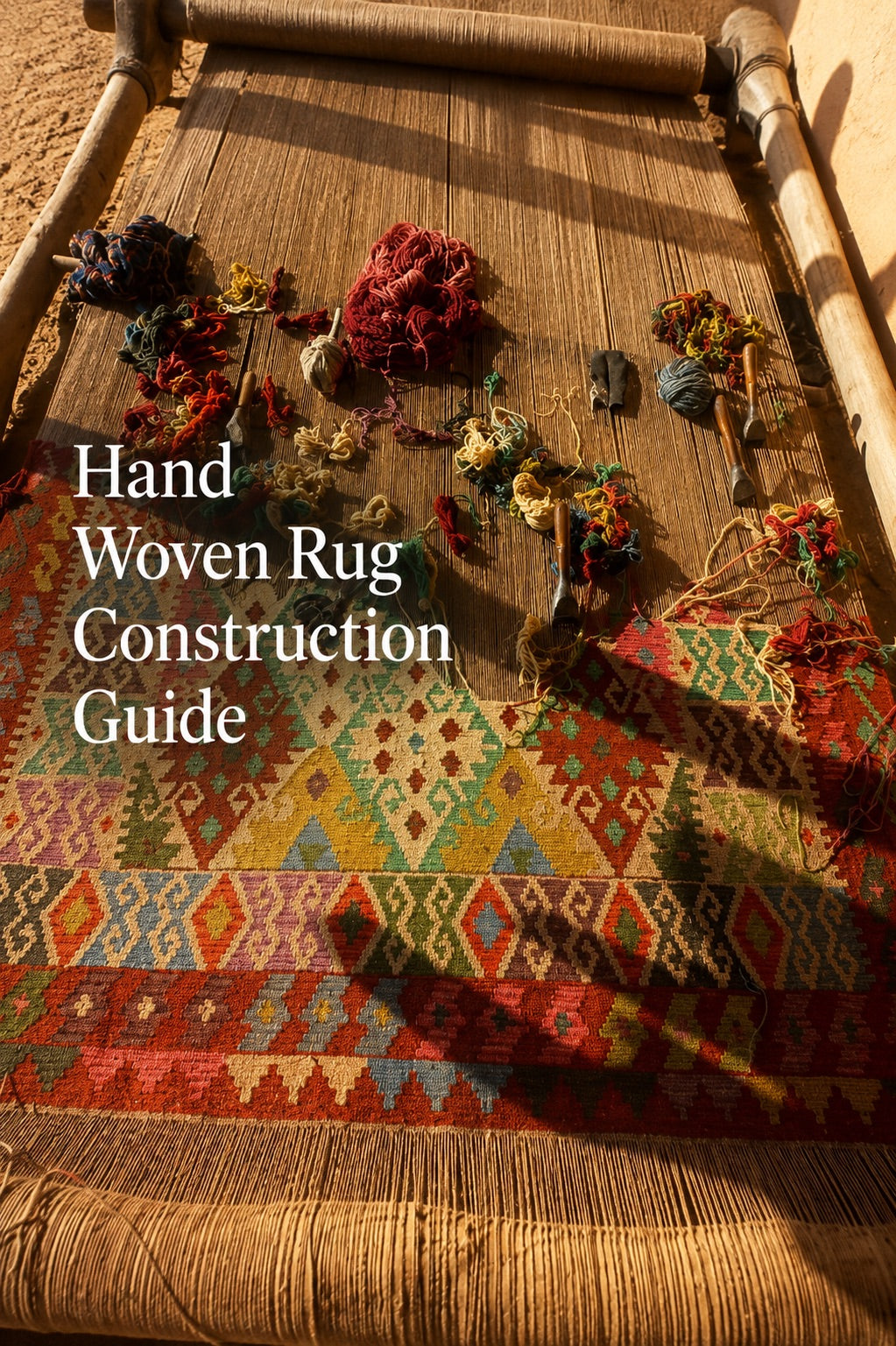A hand woven khyber kilim rug being constructed on a hand loom.