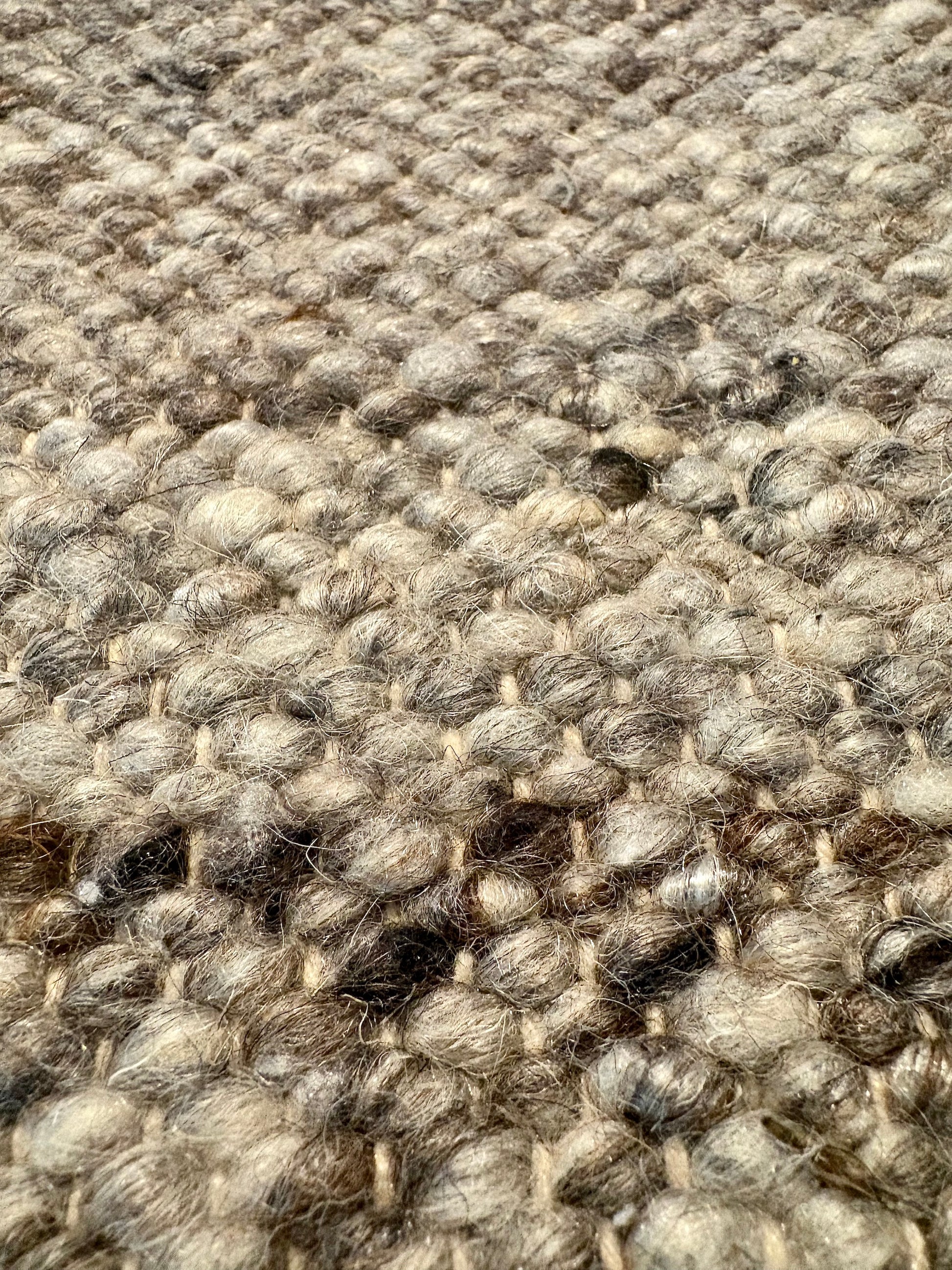 Harmony Dark Grey Rug – hand-woven blend of wool and viscose in soft natural tones, featuring a textured finish that’s both elegant and durable. Colour White, Grey, black and brown flecks. 3 sizes. Super Close.