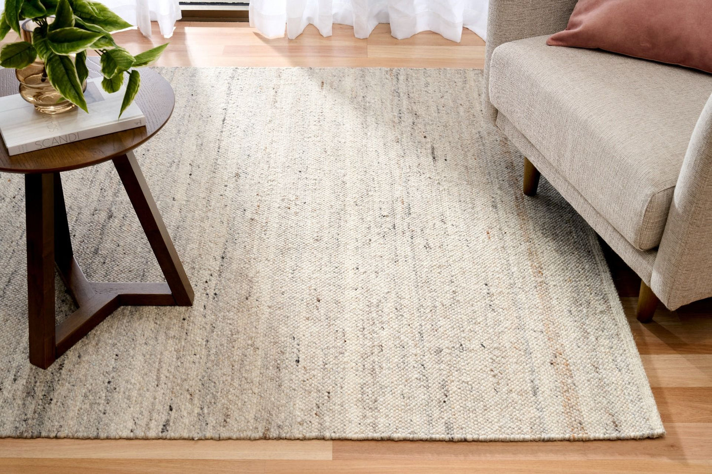 Harmony Smoke Grey Rug – hand-woven blend of wool and viscose in soft natural tones, featuring a textured finish that’s both elegant and durable. Colour White, Grey, black and brown flecks. 4 sizes. Life.