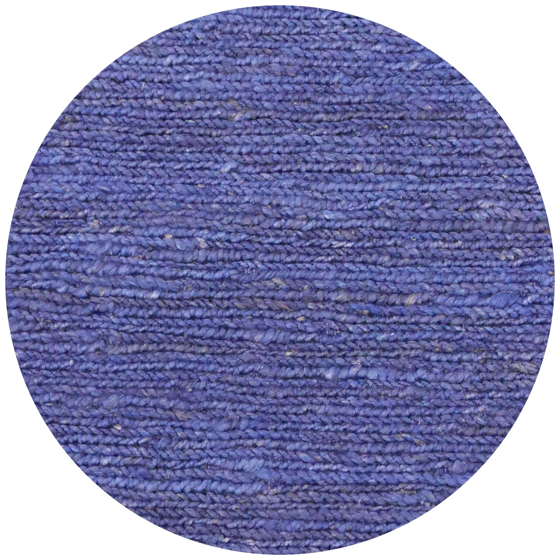 The Hemp Round - Blue, hand-woven rug. Made in India, it features a round shape in two sizes, 160 and 190 Diameter. Colour, Blue. Front Plain.