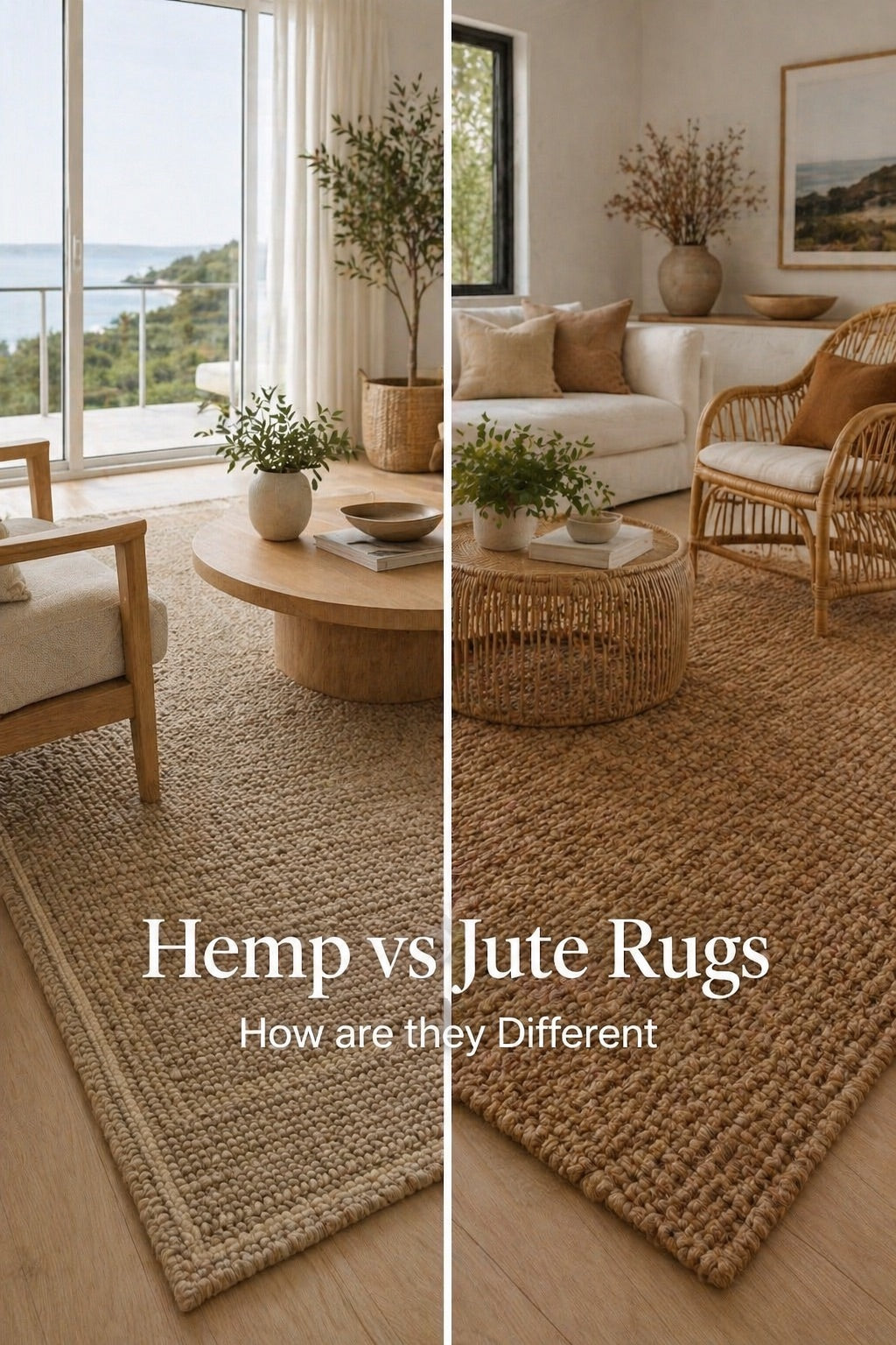 A side by side styled image of hemp and jute rugs.