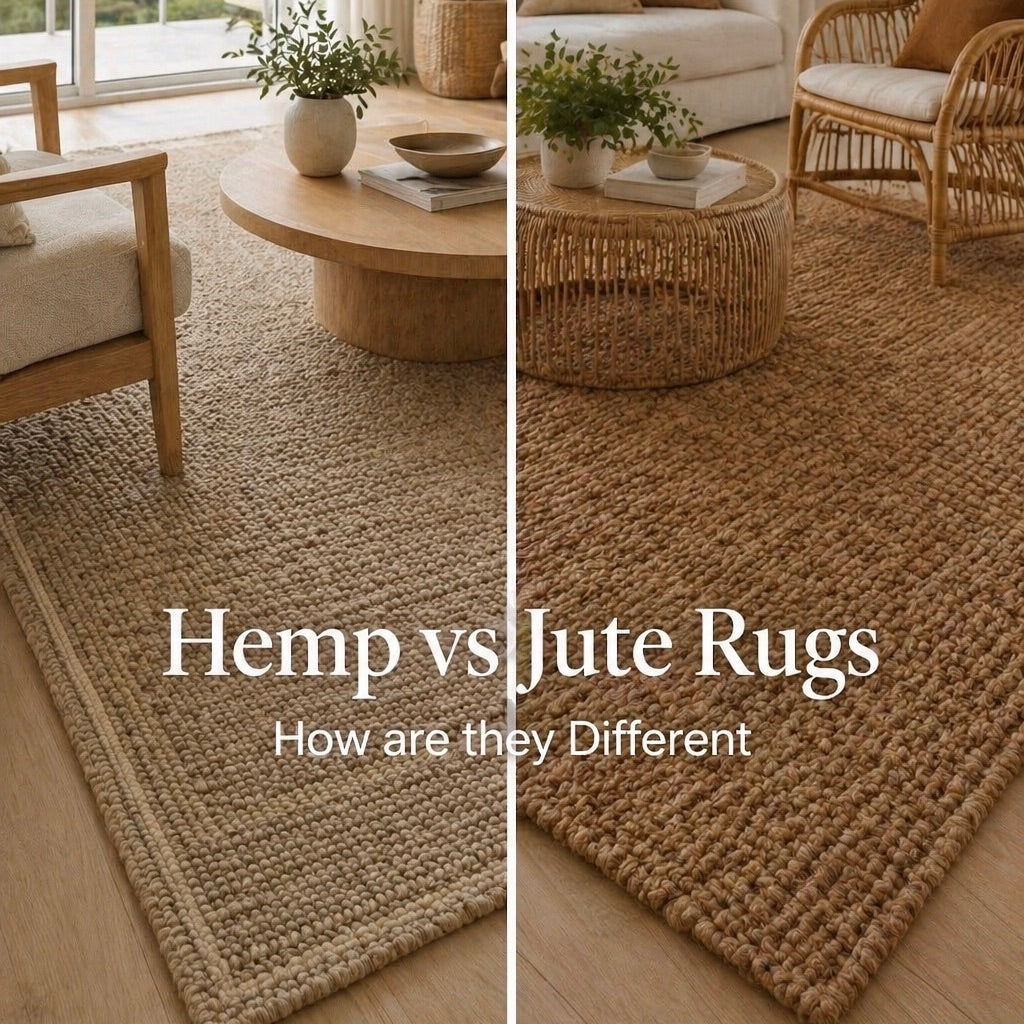A side by side image of a Hemp rug and a Jute Rug.