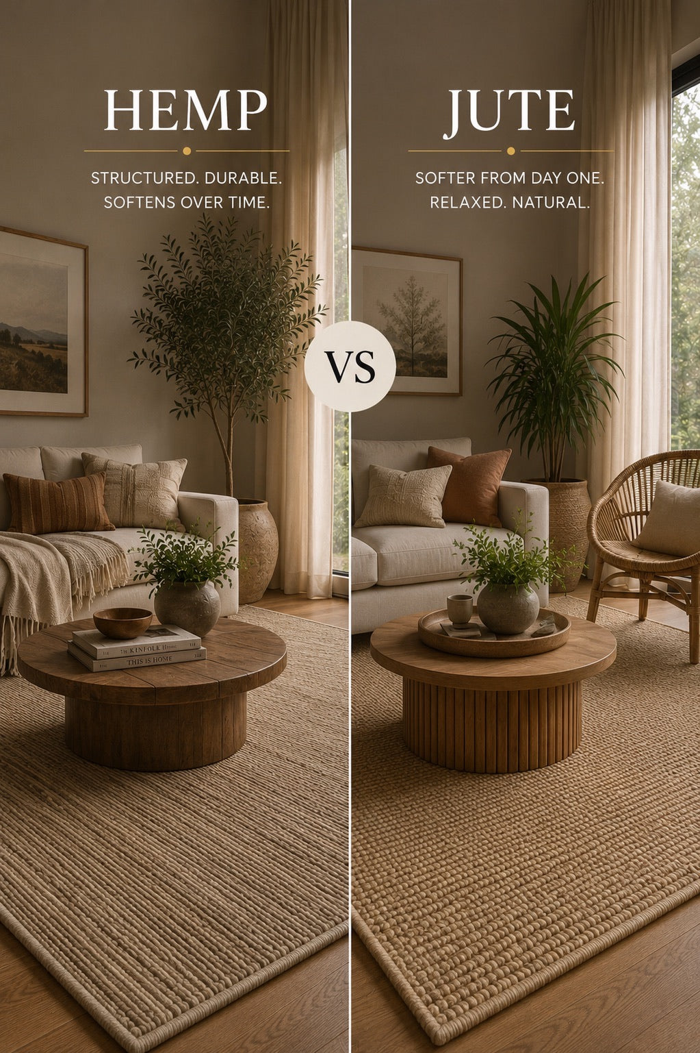 A split image of a hemp rug and a jute rug both styled in modern Perth home living room settings.