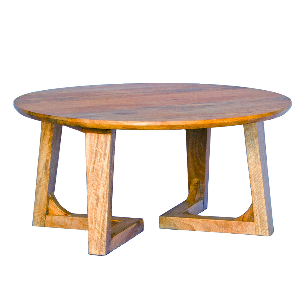 The Hendrix - Round Coffee Table features a round top with unique angled legs. Constructed from sustainable fruitwood. Colour Natural. Measures 850 Diameter X 400 height. Front Plain.