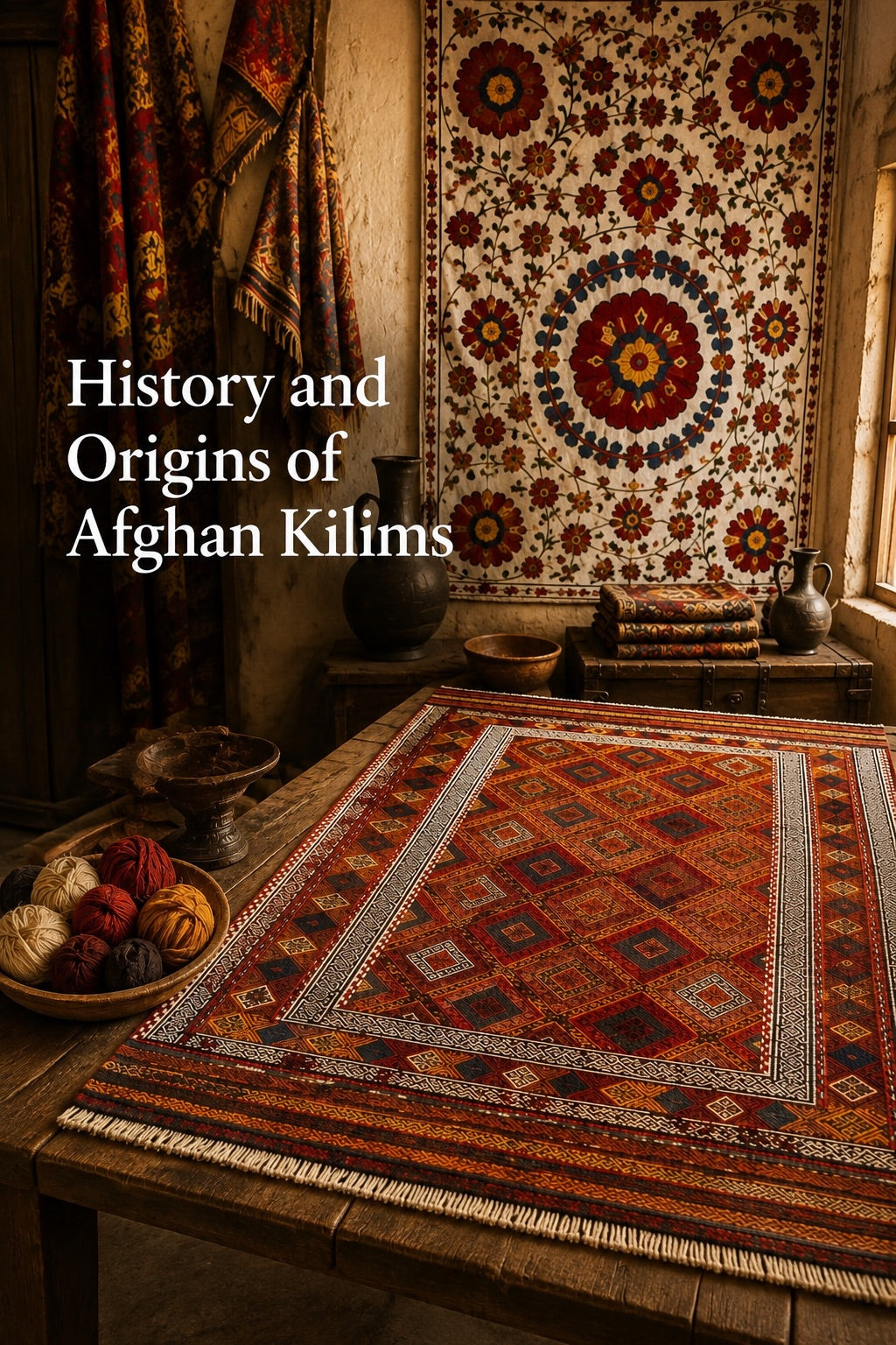 A room of traditional afghan kilim rugs.