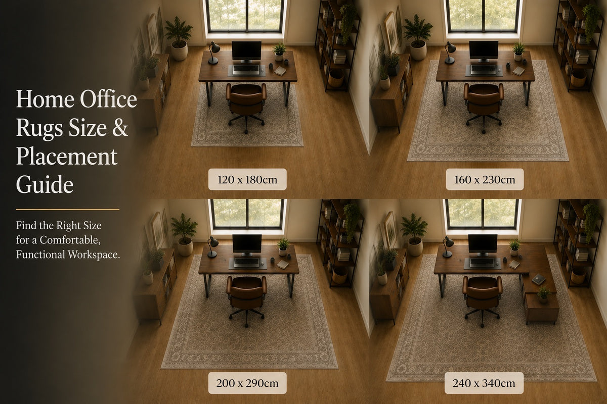 A split image of home office rugs showing 4 different sizes and set up recommendations.