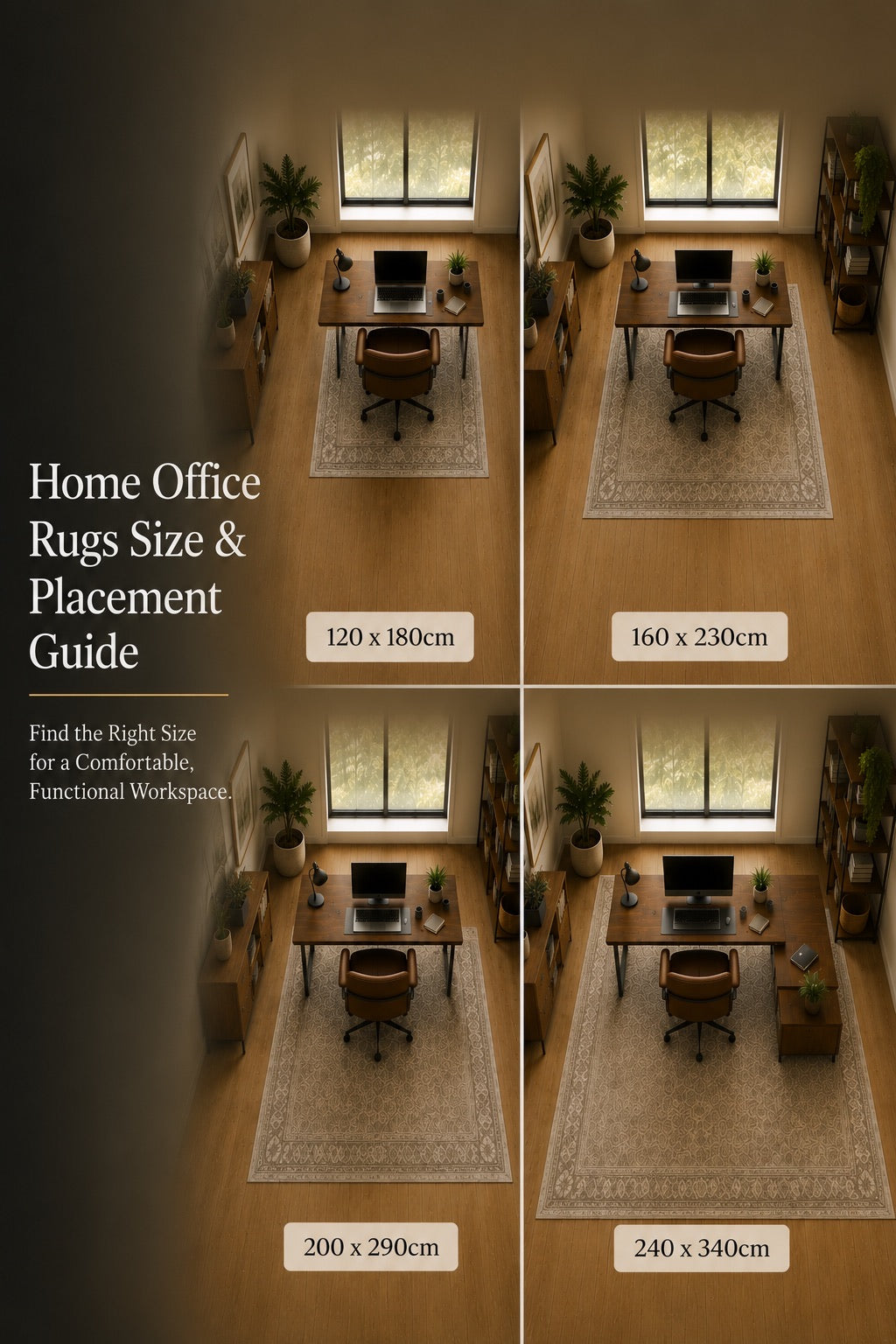 A 4 part image of showing rug sizing recommendations for home offices.