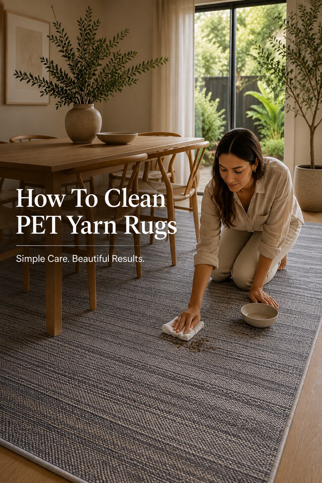 A person spot cleaning a hand woven PET Yarn flatweave rug in a modern Perth home dining room setting.
