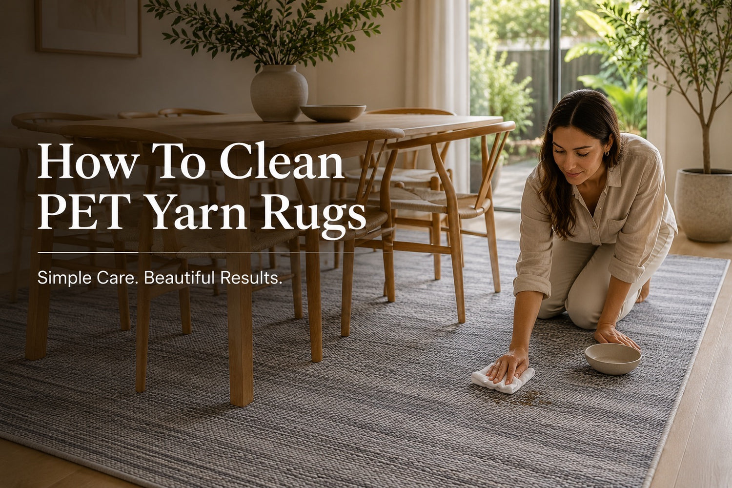 A hand woven PET yarn rug styled in a Perth home dining room with a woman showing the proper way of spot cleaning a stain.