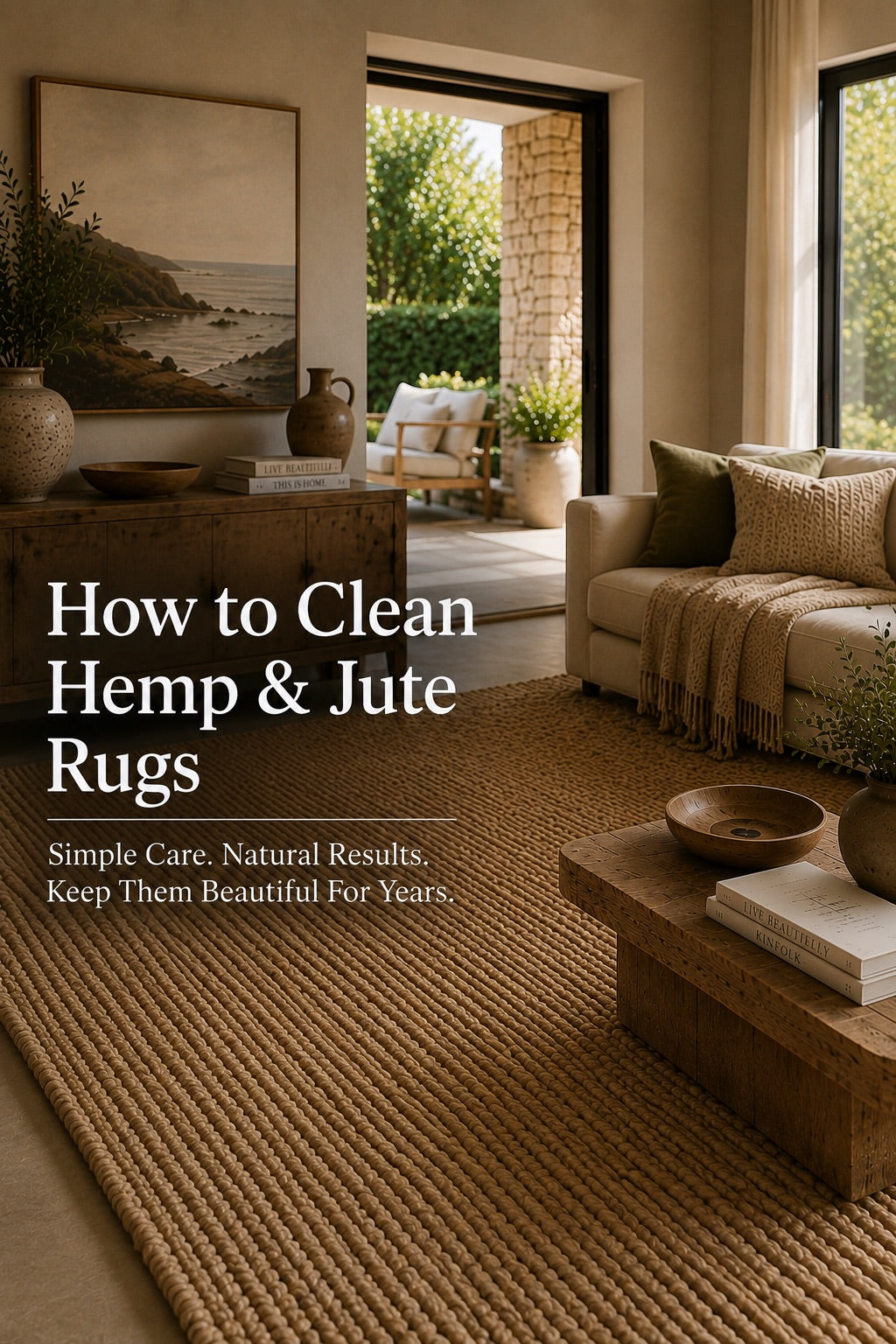 A hemp hand woven rug styled in a modern Perth home living room setting.
