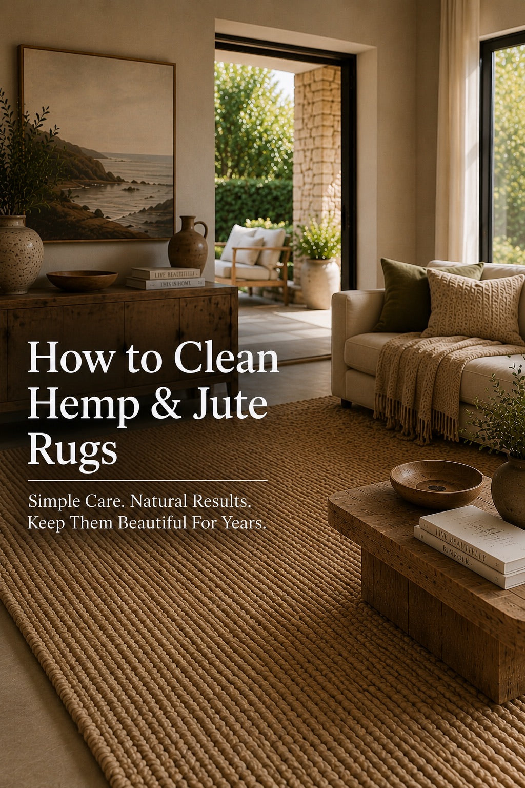 A hand woven braided hemp rug styled in a Perth home living room setting.