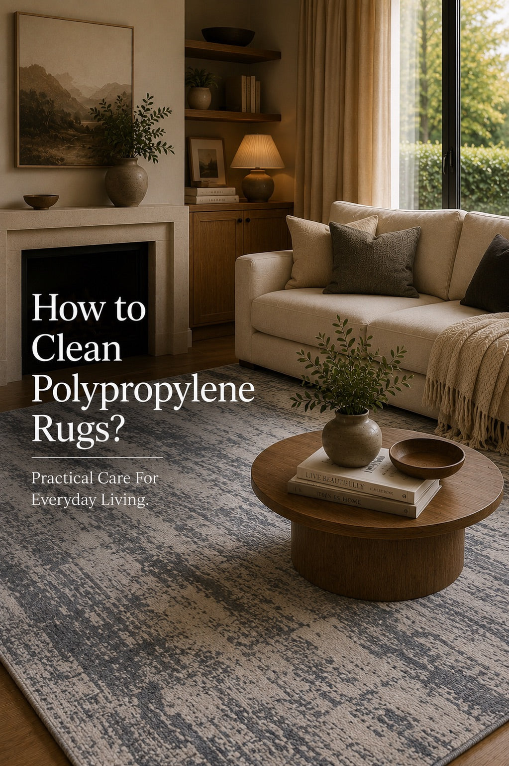 A polypropylene machine made rug styled in a modern Perth home living room setting.