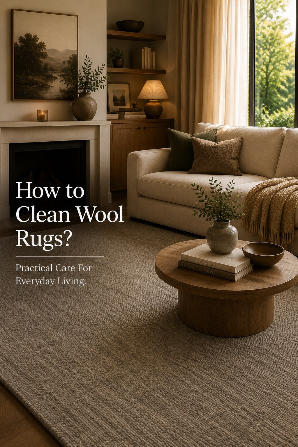 A hand woven wool rug styled in a modern Perth home living room.