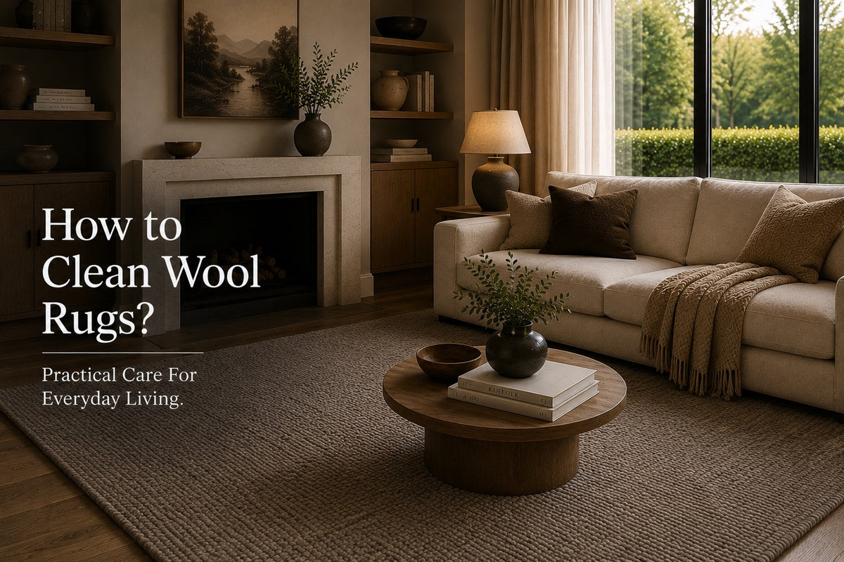 A textured hand woven wool rug styled In a modern Perth home living room.