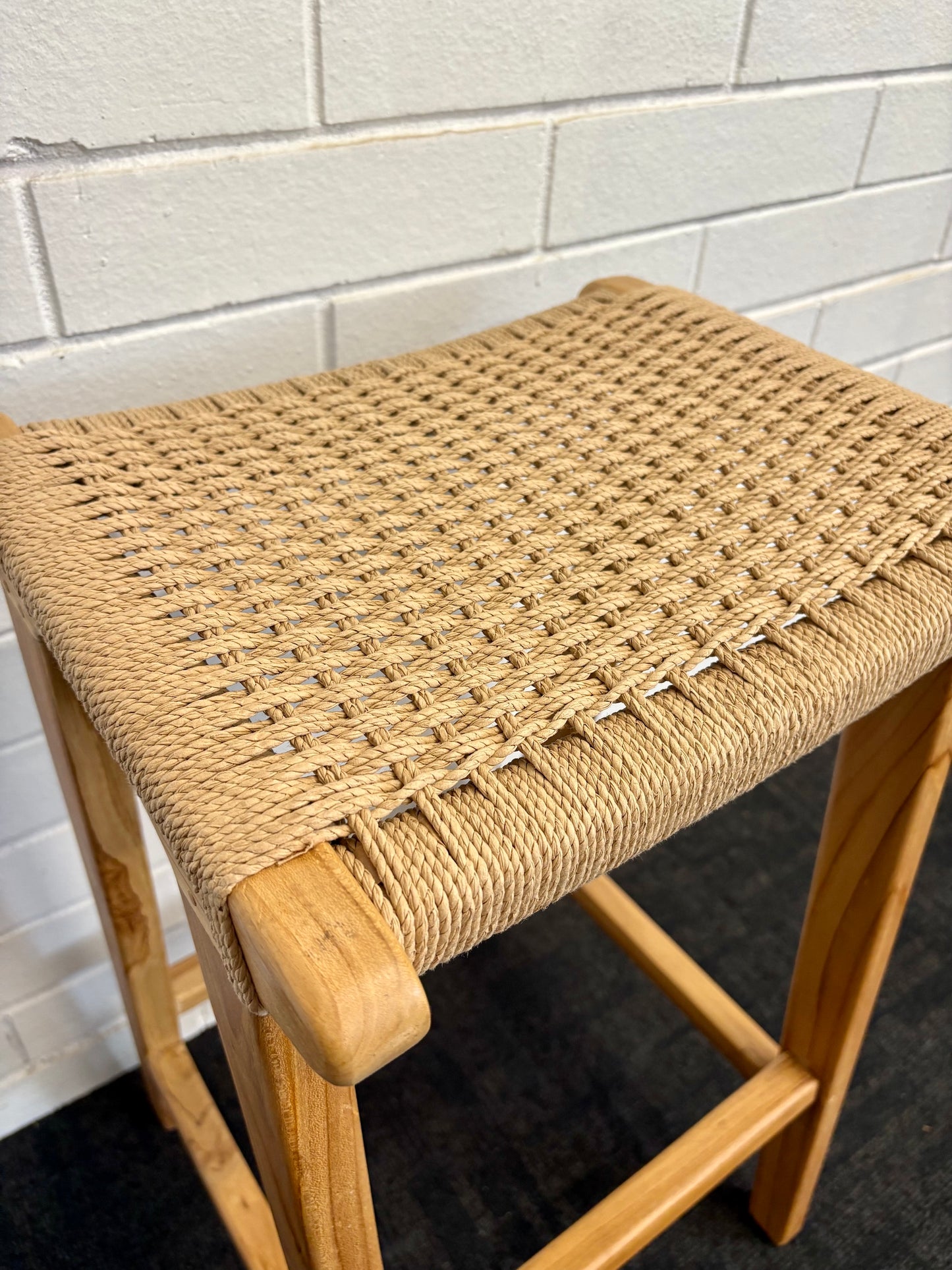 The Hudson Barstool boasts a coastal contemporary feel. Crafted from sustainable solid teak and featuring a luxurious rope seat. Colour natural. Measures 400 wide X 350 depth X 680 seat height. Close.