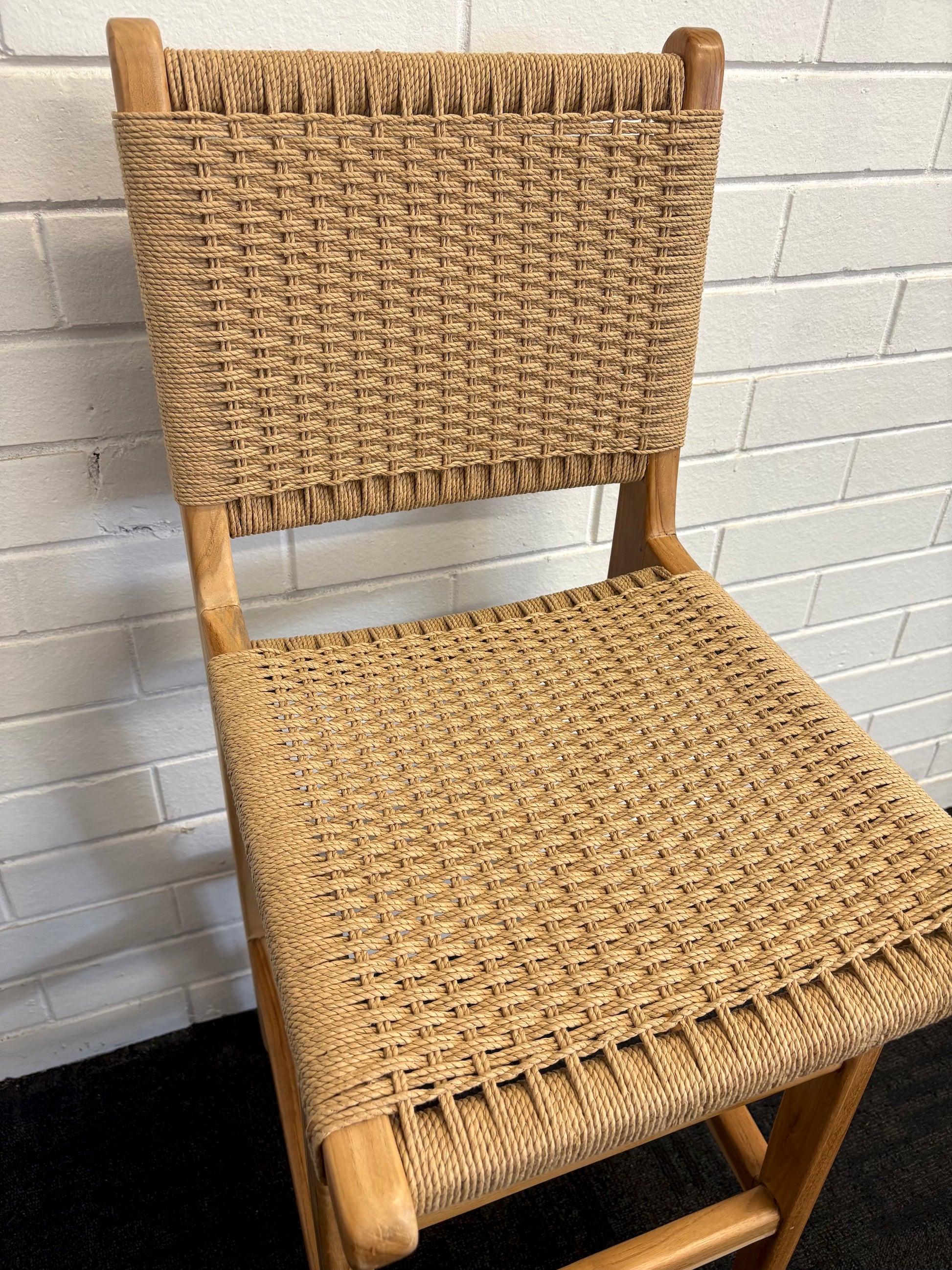 The Hudson with Back Barstool boasts a coastal contemporary feel. Crafted from sustainable solid teak and featuring a luxurious rope seat. Colour natural. Measures 400 Wide x 560 Depth x 1050 Back Height x 680 seat height. Close.