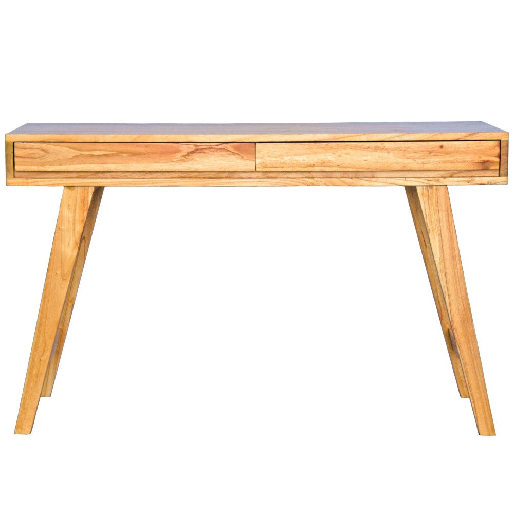 The Huron Desk - a beautifully crafted piece made from solid white cedar and supported by sleek, sturdy legs. Featuring 2 Drawers. Measures 1300 Length x 500 Depth x 670 Height. Colour Natural. Front Plain.