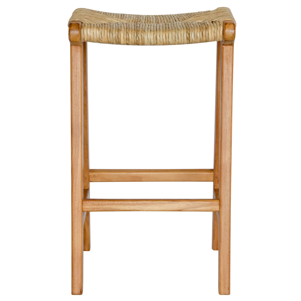 Indus barstool with solid teak wood frame and hand-woven natural pandan seat, featuring a clean, minimalist design suitable for coastal and contemporary interiors. Measures 400 Wide X 350 Depth X 680 Height. Front Plain.