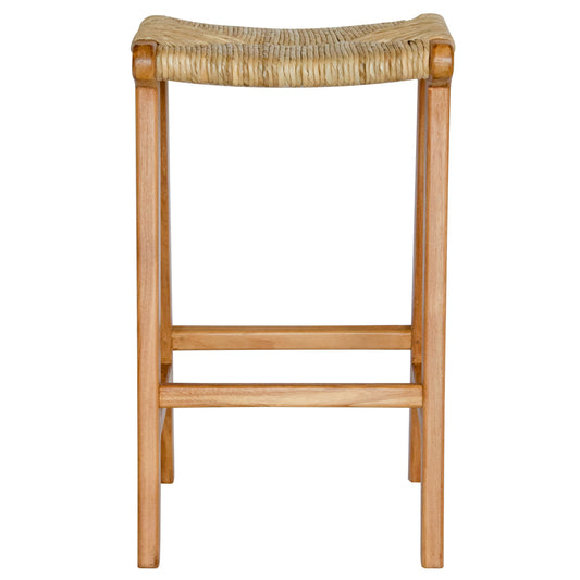 Indus barstool with solid teak wood frame and hand-woven natural pandan seat, featuring a clean, minimalist design suitable for coastal and contemporary interiors. Measures 400 Wide X 350 Depth X 680 Height. Front Plain.