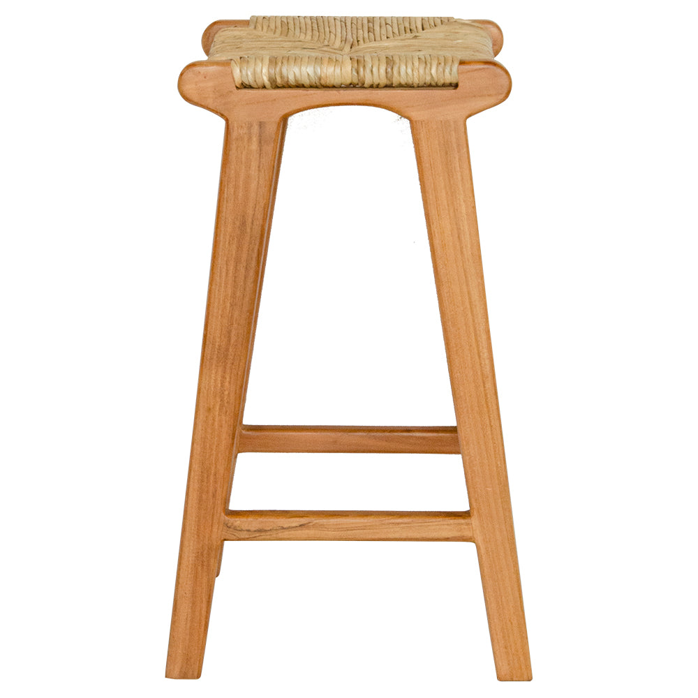 Indus barstool with solid teak wood frame and hand-woven natural pandan seat, featuring a clean, minimalist design suitable for coastal and contemporary interiors. Measures 400 Wide X 350 Depth X 680 Height. Side Plain.