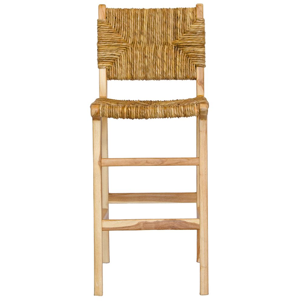 Indus with back barstool with solid teak wood frame and hand-woven natural pandan seat and back, featuring a clean, minimalist design suitable for coastal and contemporary interiors. Measures 410 Wide X 540 Depth X 670 Seat Height X 1000 Back Height. Front Plain.